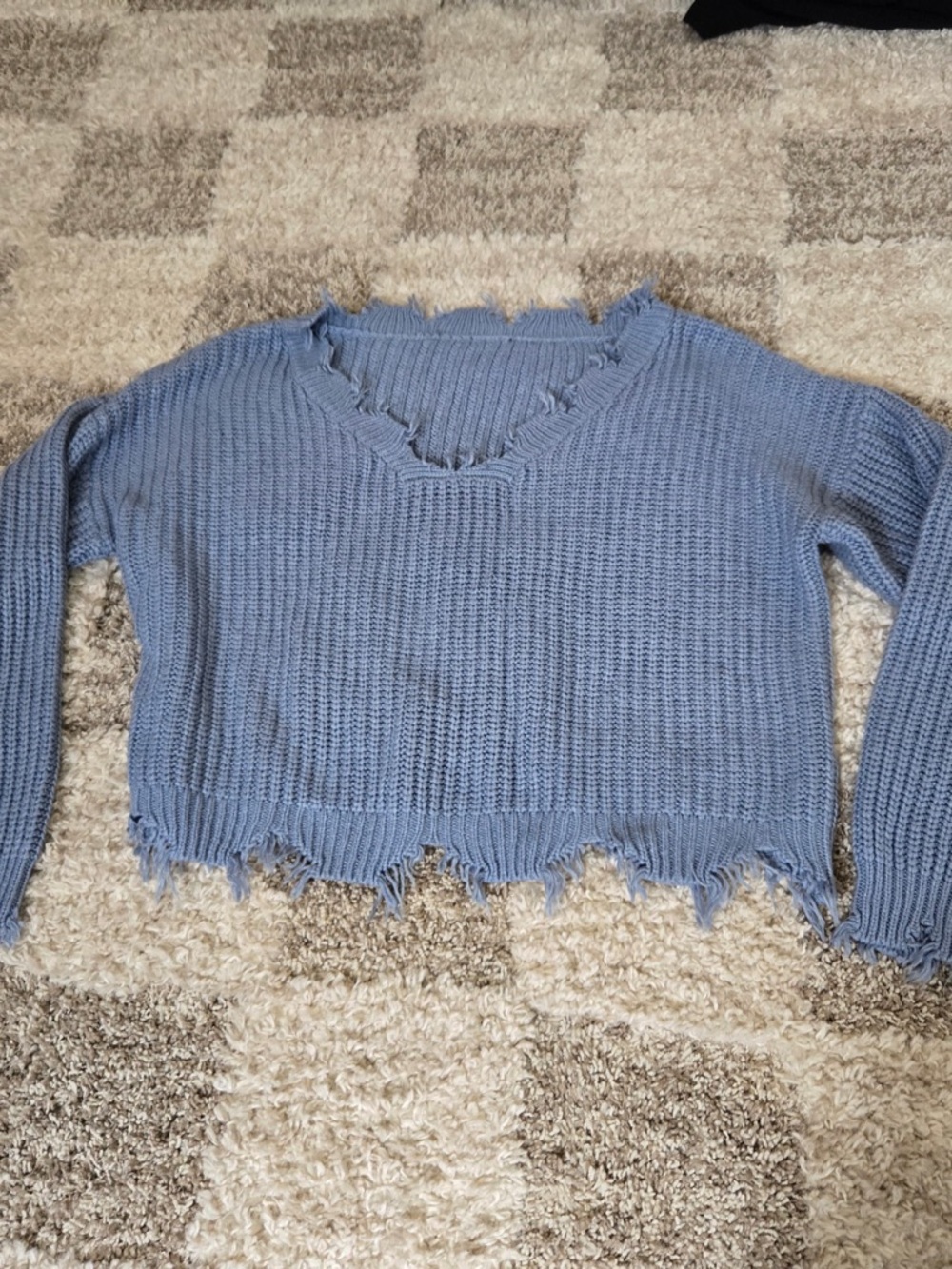 Distressed V-Neck Knit Sweater in Light Blue
